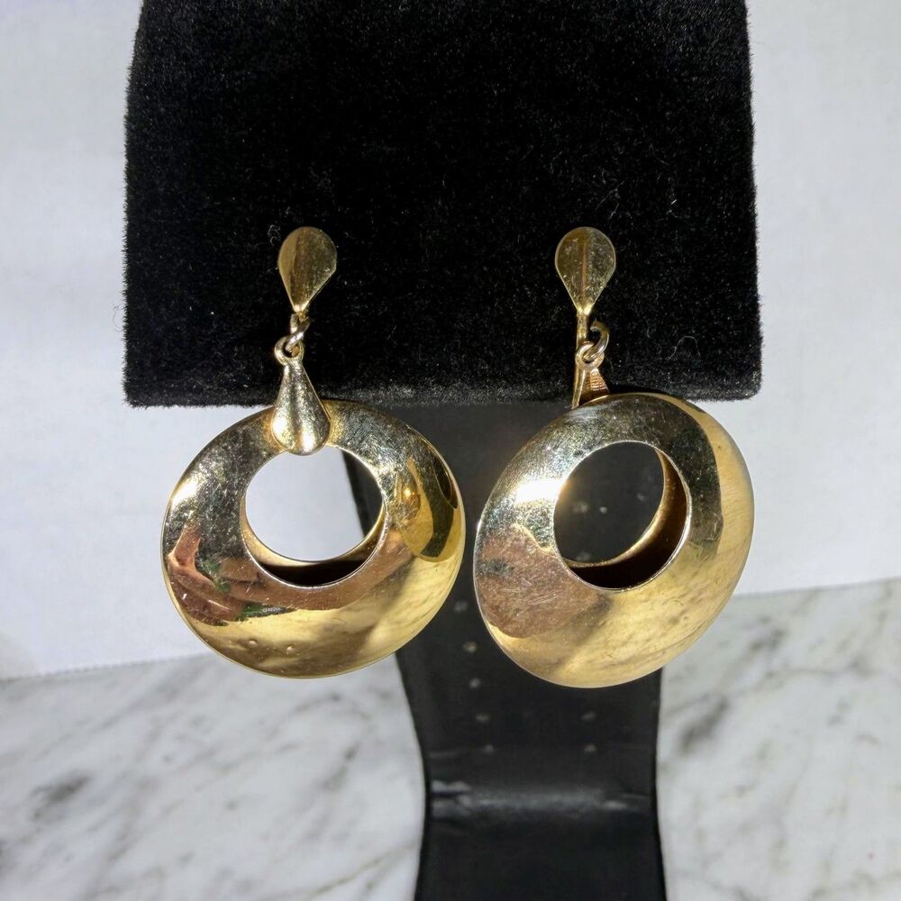 Signed L.H. Segal California Statement Gold Tone Disc Dangle Clip On Earrings